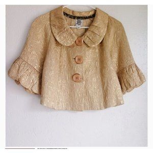 Anthropologie Ivy Jane Womens XS Metallic Gold Blazer Peter Pan Collar Ruffle Si
